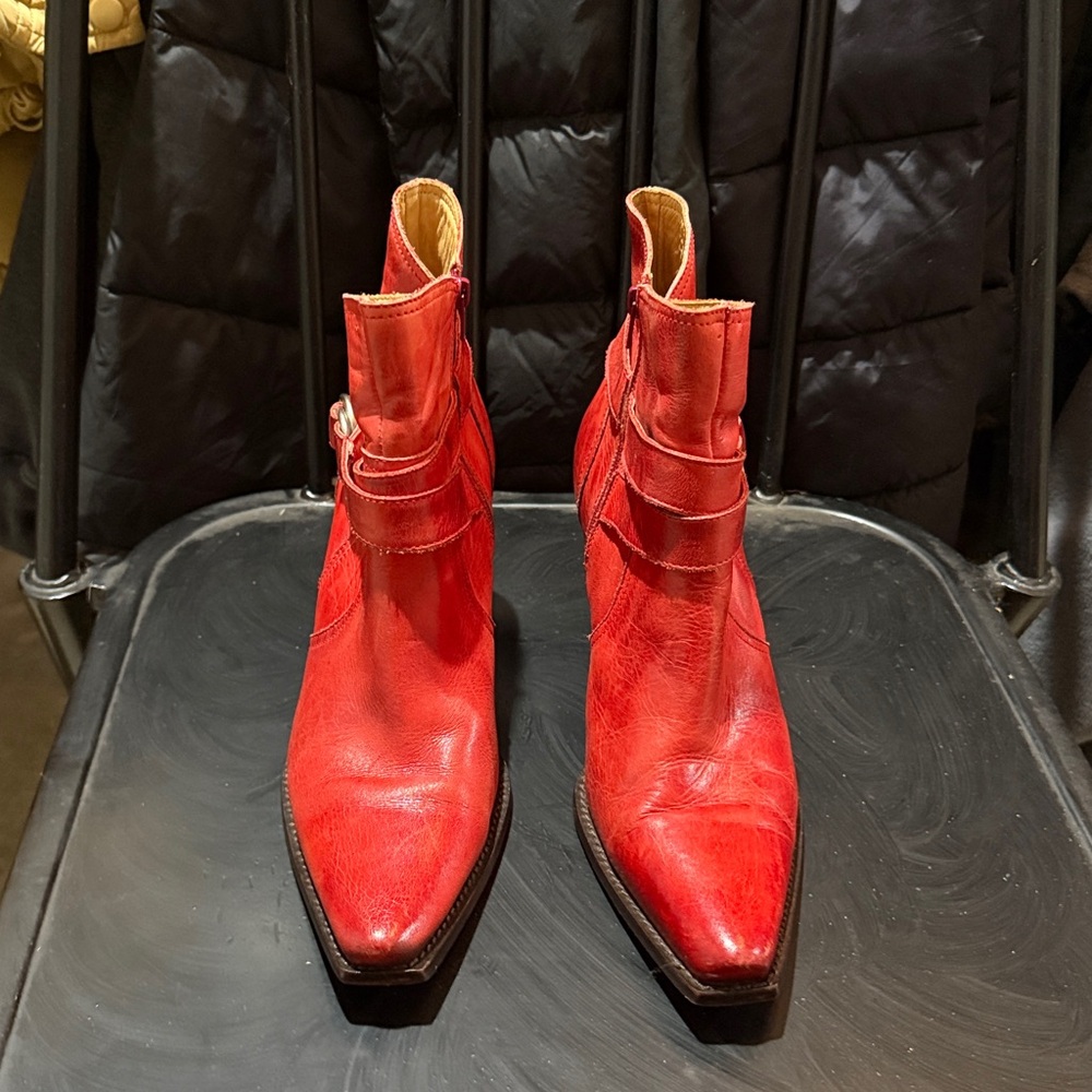 Charlie 1 Horse by Lucchese Red Ankle Boots Snip Toe Cowboy Zip - Picture 2 of 7
